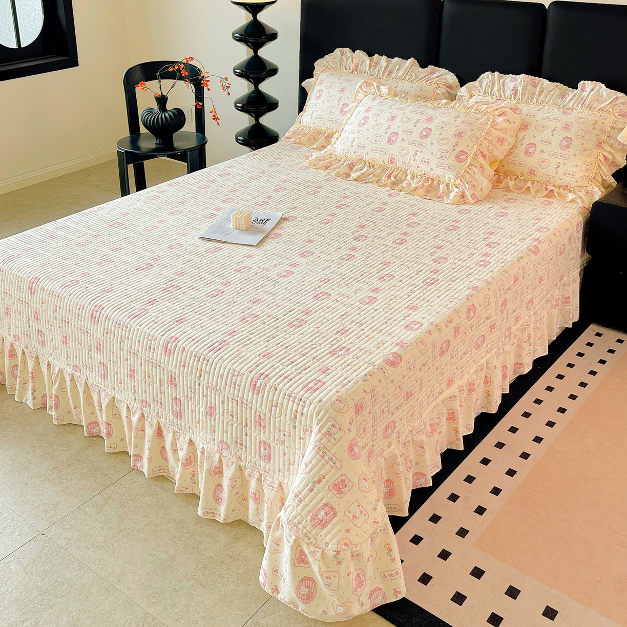 91家纺网 家纺一手货源 找家纺 富米莱单品馆 2026新款法式大花边A类古法仿棉云感纱单床盖 大花边-粉樱kt