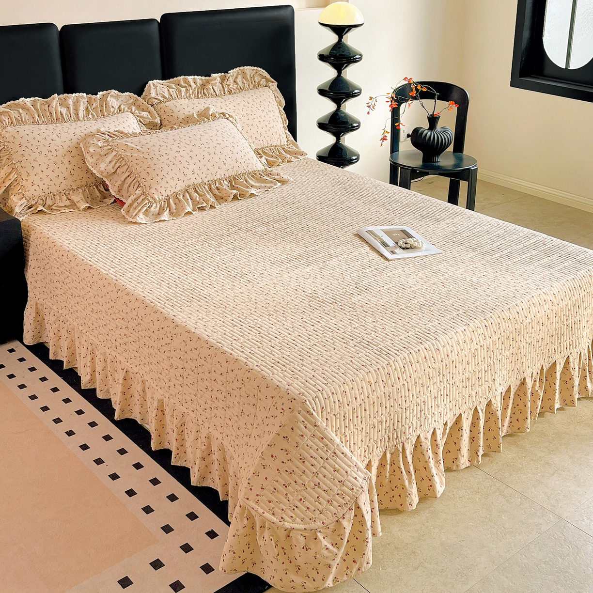 91家纺网 家纺一手货源 找家纺 富米莱单品馆 2026新款法式大花边A类古法仿棉云感纱单床盖 大花边-焦糖玫瑰