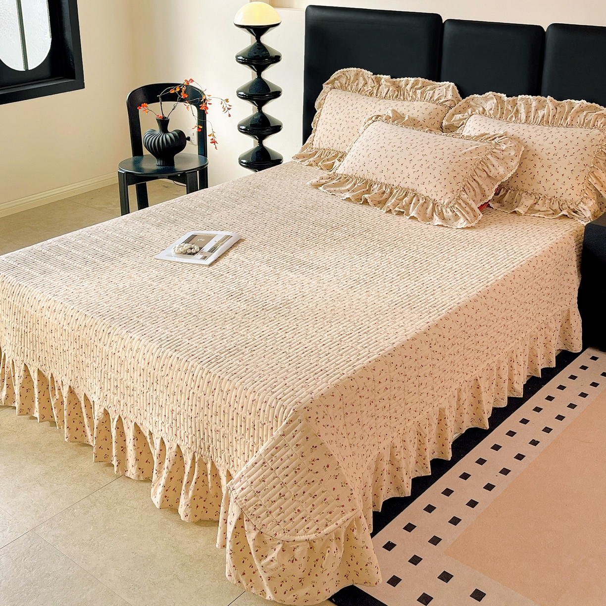 91家纺网 家纺一手货源 找家纺 富米莱单品馆 2026新款法式大花边A类古法仿棉云感纱单床盖 大花边-焦糖玫瑰