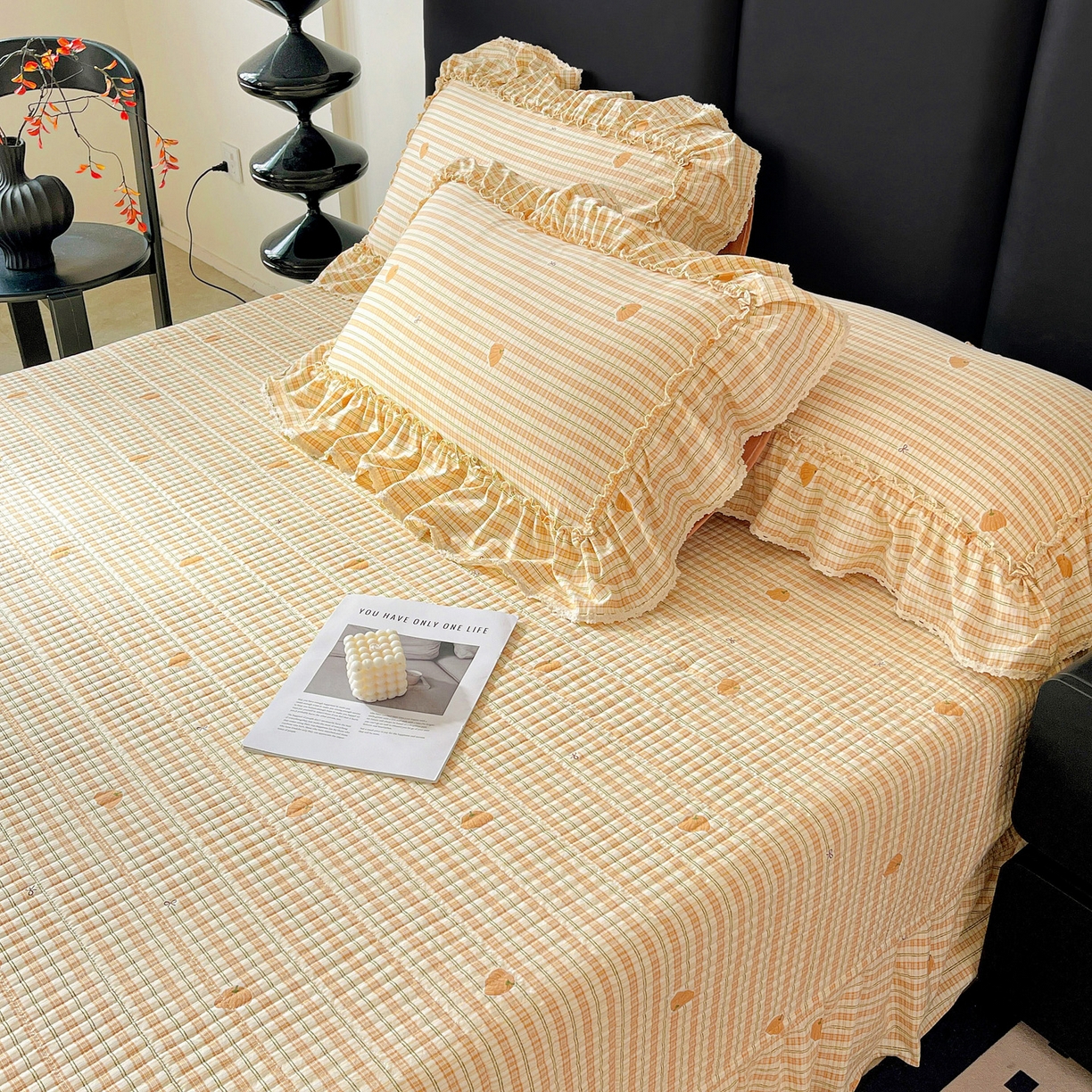 91家纺网 家纺一手货源 找家纺 富米莱单品馆 2026新款法式大花边A类古法仿棉云感纱单床盖 大花边-南瓜格韵