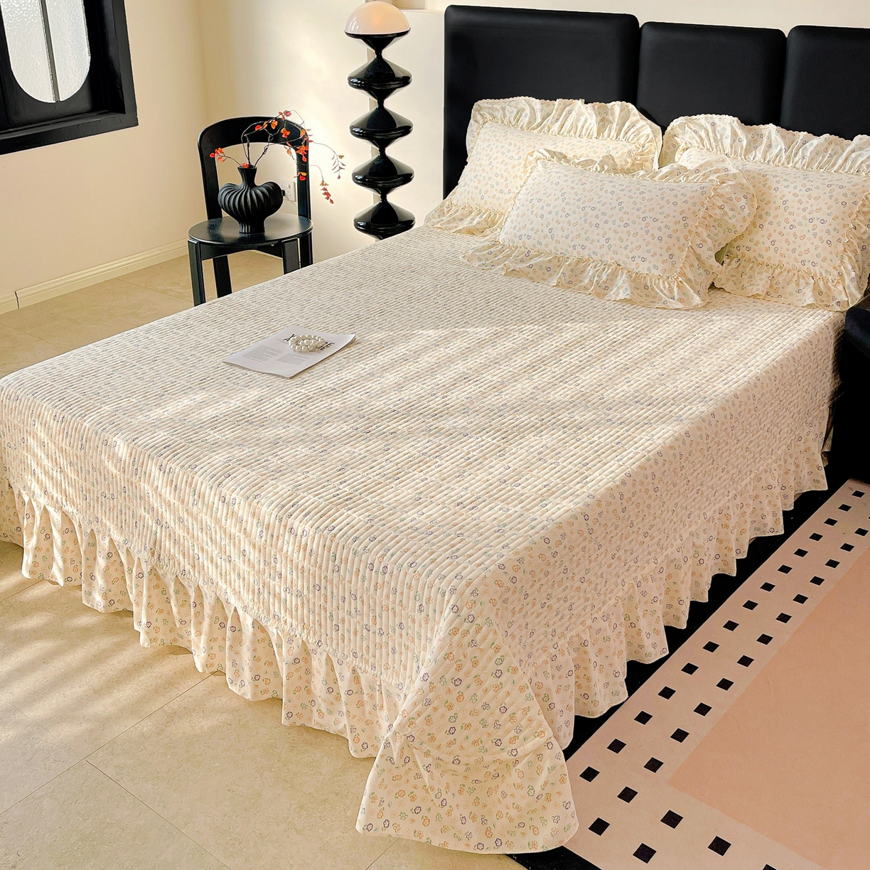 91家纺网 家纺一手货源 找家纺 富米莱单品馆 2026新款法式大花边A类古法仿棉云感纱单床盖 大花边-浅绿春韵