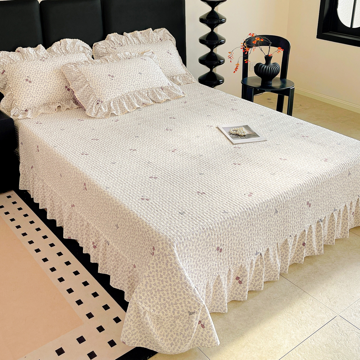 91家纺网 家纺一手货源 找家纺 富米莱单品馆 2026新款法式大花边A类古法仿棉云感纱单床盖 大花边-紫韵花漾