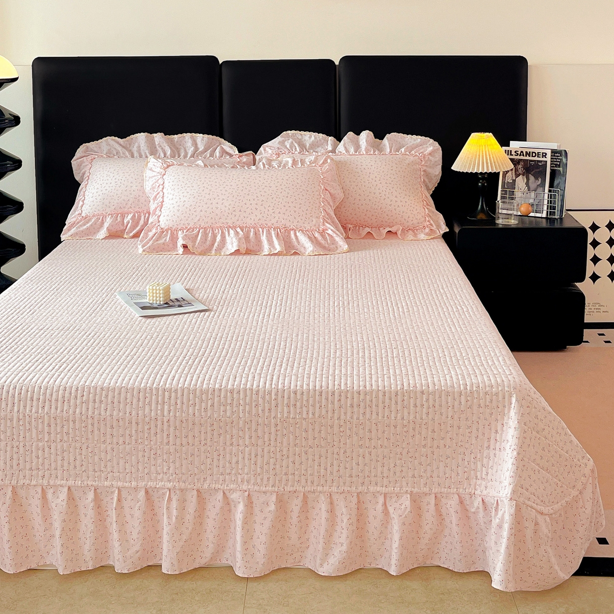 91家纺网 家纺一手货源 找家纺 富米莱单品馆 2026新款法式大花边A类古法仿棉云感纱单枕套 大花边-粉花柔卧