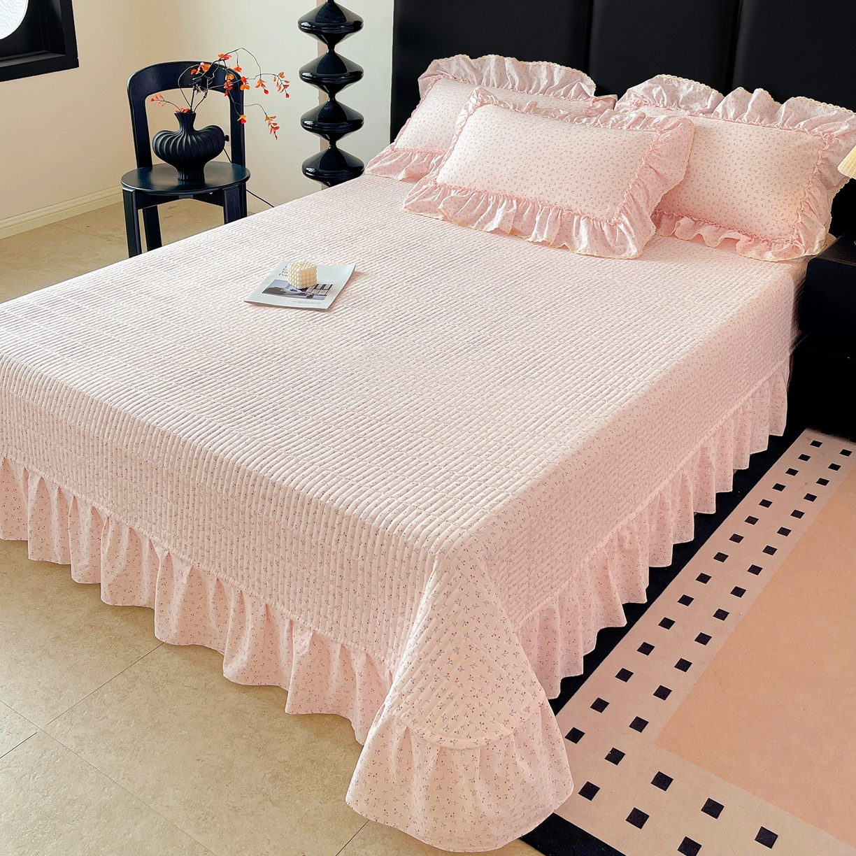 91家纺网 家纺一手货源 找家纺 富米莱单品馆 2026新款法式大花边A类古法仿棉云感纱单枕套 大花边-粉花柔卧