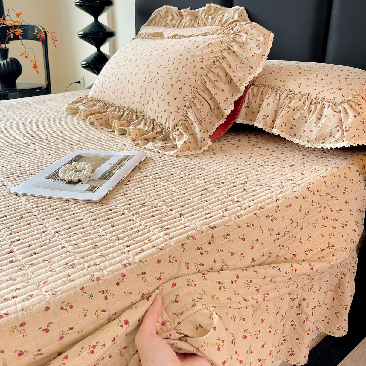 91家纺网 家纺一手货源 找家纺 富米莱单品馆 2026新款法式大花边A类古法仿棉云感纱单枕套 大花边-焦糖玫瑰