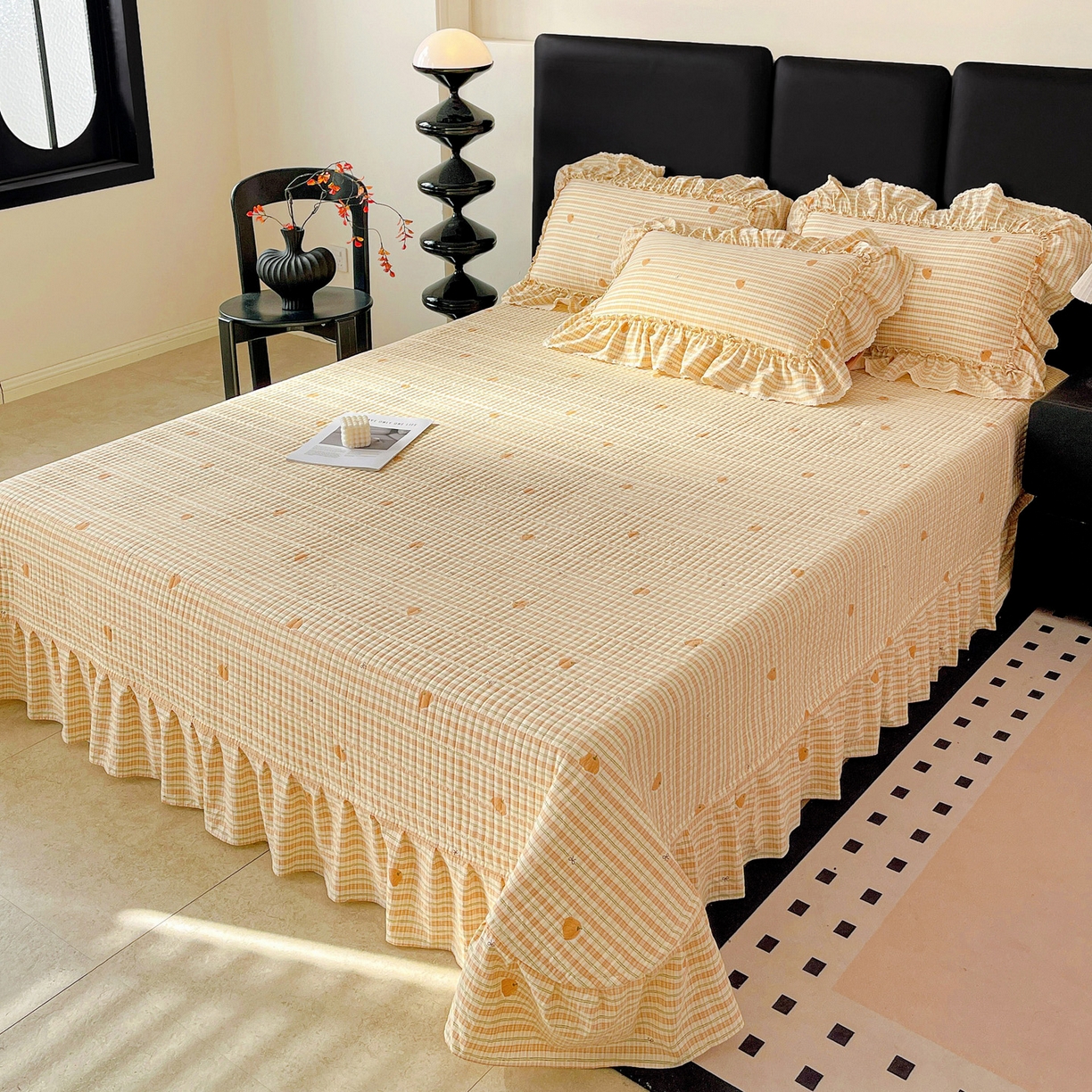 91家纺网 家纺一手货源 找家纺 富米莱单品馆 2026新款法式大花边A类古法仿棉云感纱单枕套 大花边-南瓜格韵