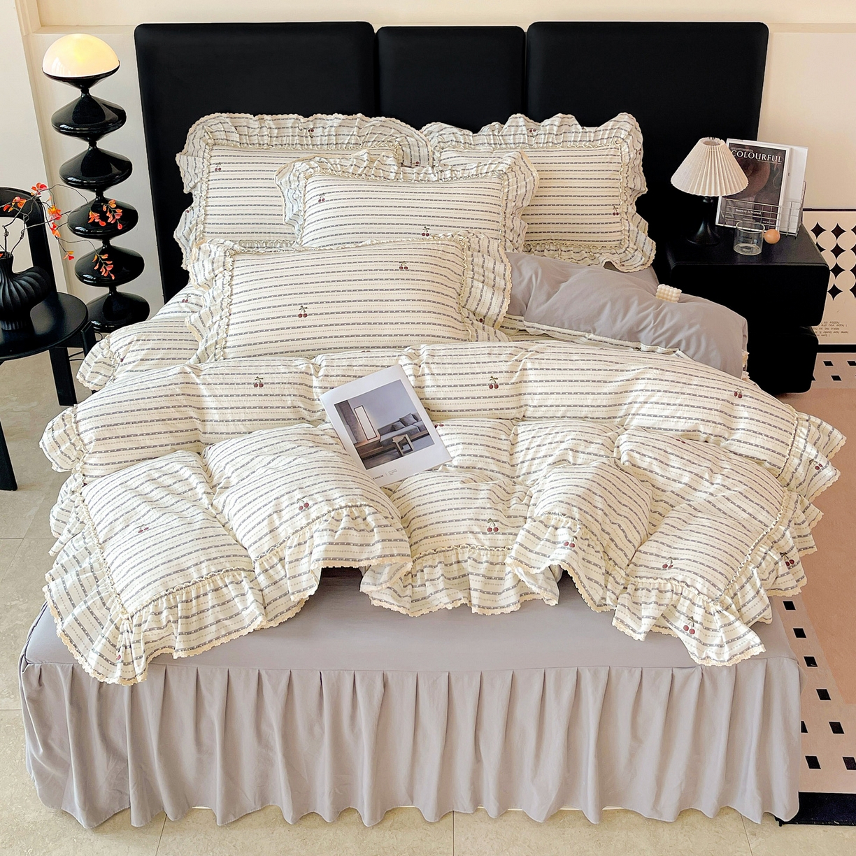 91家纺网 家纺一手货源 找家纺 富米莱单品馆 2026新款法式大花边A类古法仿棉云感纱单床裙 大花边-爱心樱桃