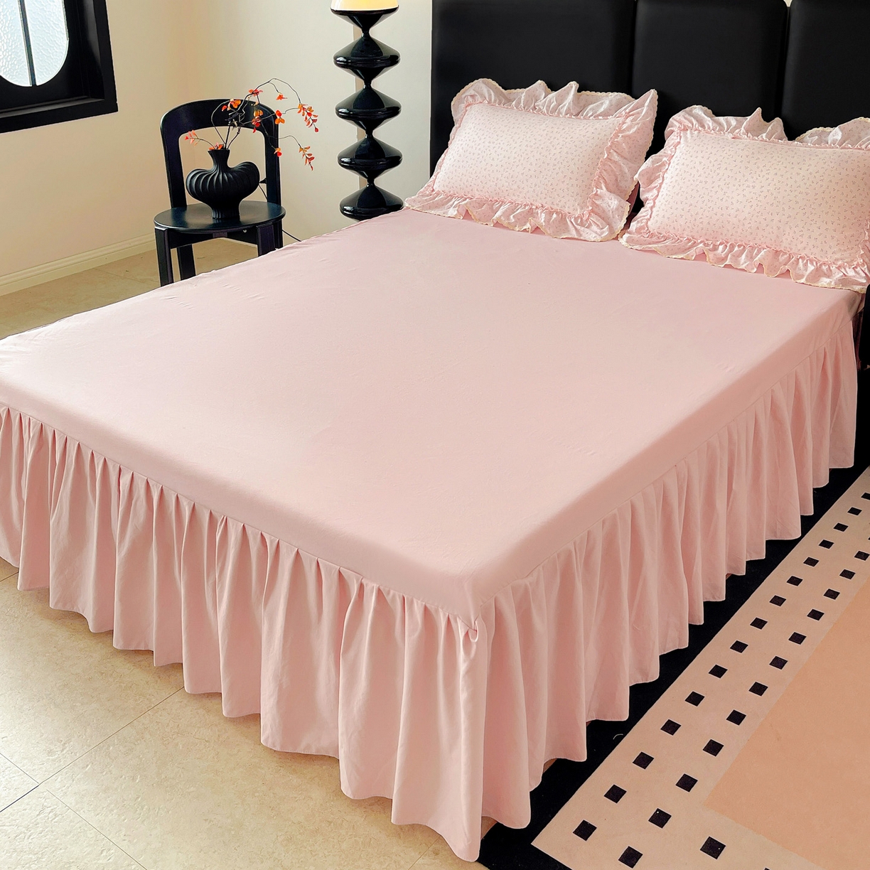 富米莱单品馆 2026新款法式大花边A类古法仿棉云感纱单床裙 大花边-粉花柔卧