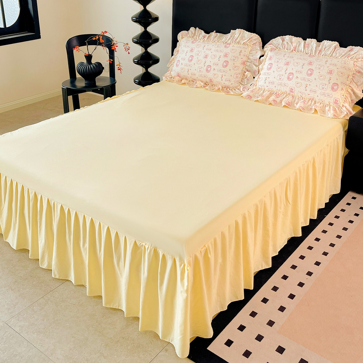 91家纺网 家纺一手货源 找家纺 富米莱单品馆 2026新款法式大花边A类古法仿棉云感纱单床裙 大花边-粉樱kt,大花边-粉樱kt