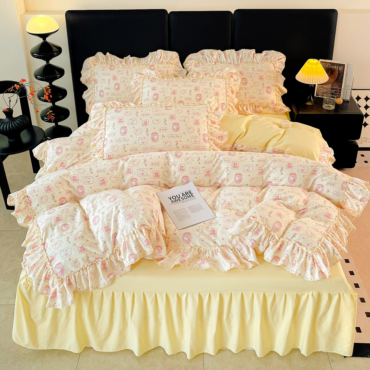 91家纺网 家纺一手货源 找家纺 富米莱单品馆 2026新款法式大花边A类古法仿棉云感纱单床裙 大花边-粉樱kt