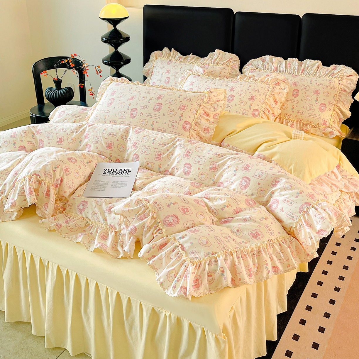 91家纺网 家纺一手货源 找家纺 富米莱单品馆 2026新款法式大花边A类古法仿棉云感纱单床裙 大花边-粉樱kt