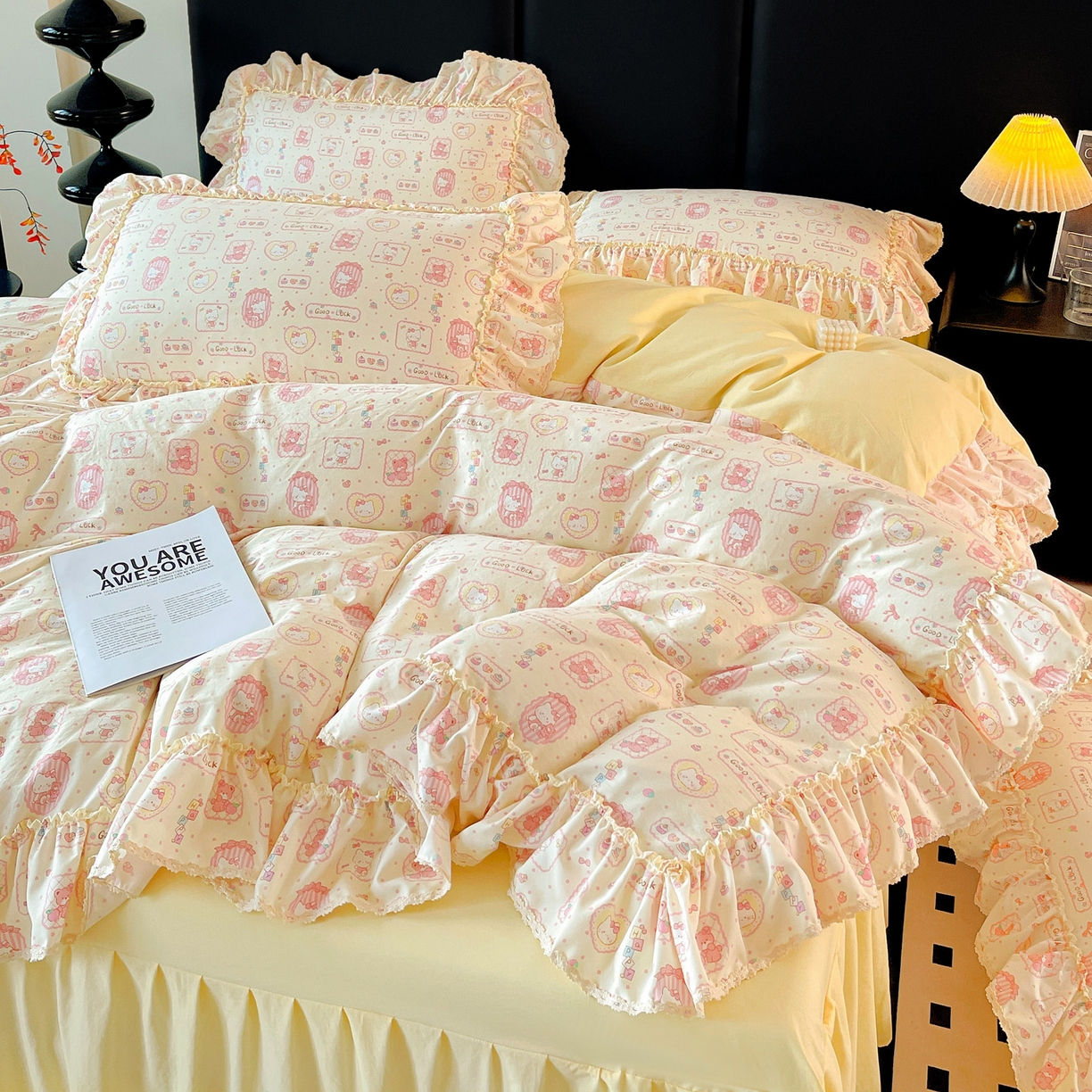 91家纺网 家纺一手货源 找家纺 富米莱单品馆 2026新款法式大花边A类古法仿棉云感纱单床裙 大花边-粉樱kt