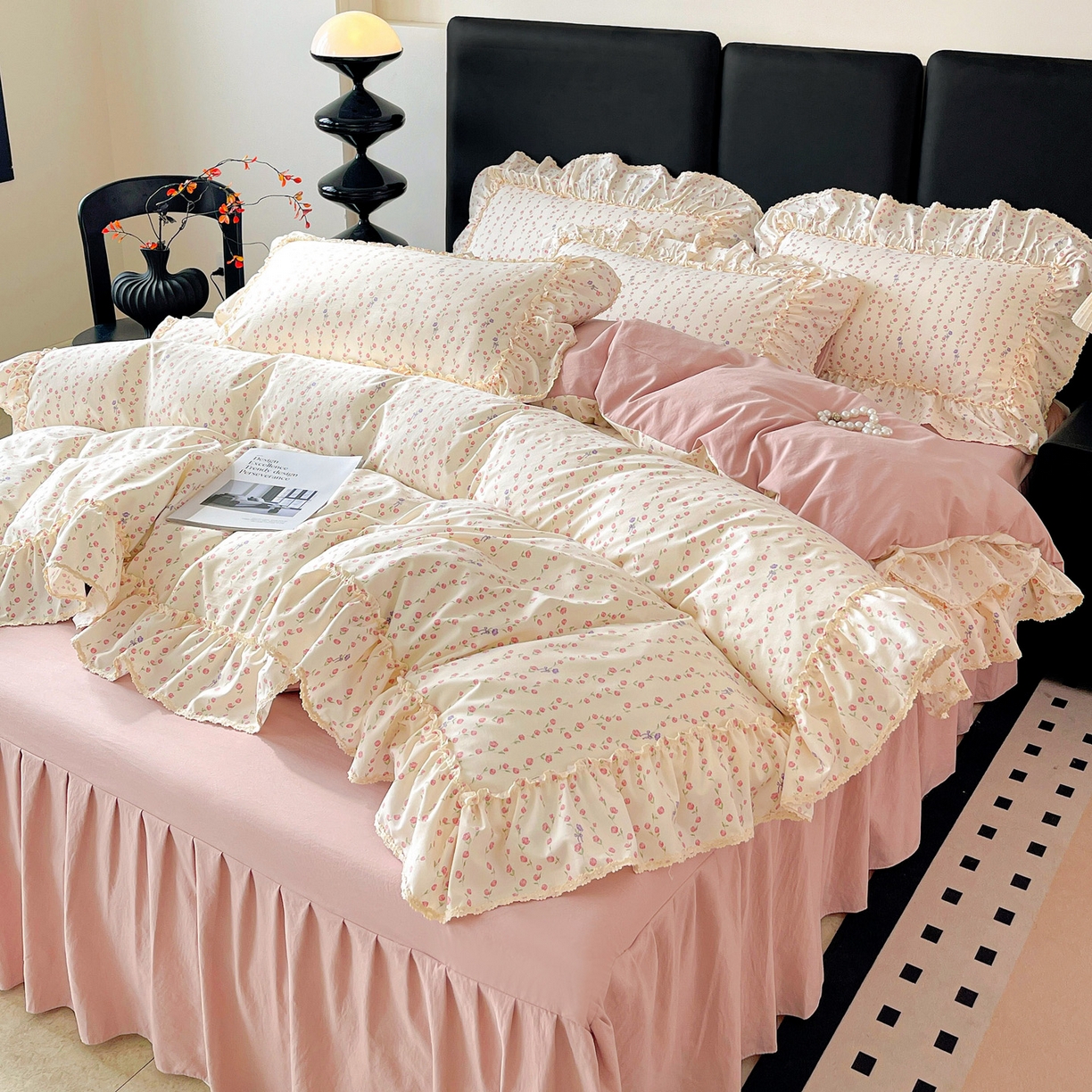 91家纺网 家纺一手货源 找家纺 富米莱单品馆 2026新款法式大花边A类古法仿棉云感纱单床裙 大花边-花梦蔓