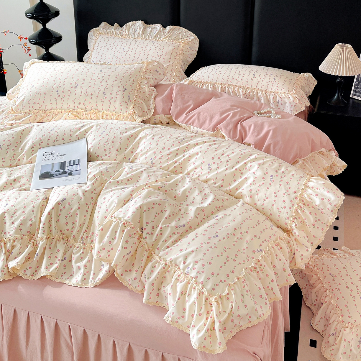 91家纺网 家纺一手货源 找家纺 富米莱单品馆 2026新款法式大花边A类古法仿棉云感纱单床裙 大花边-花梦蔓