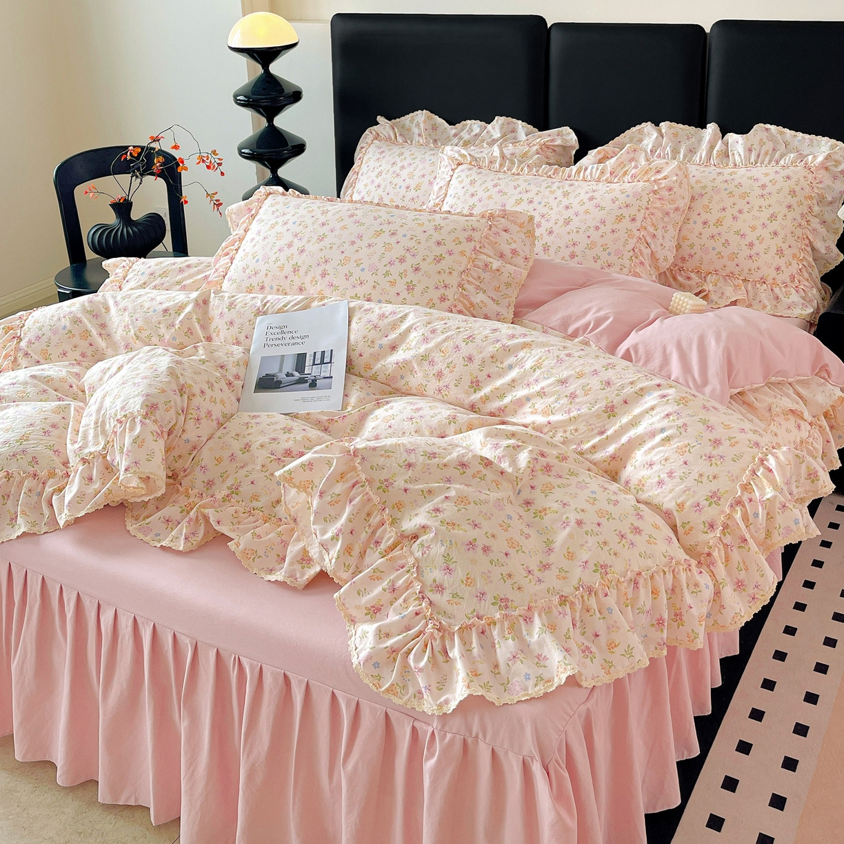 91家纺网 家纺一手货源 找家纺 富米莱单品馆 2026新款法式大花边A类古法仿棉云感纱单床裙 大花边-花意飘香