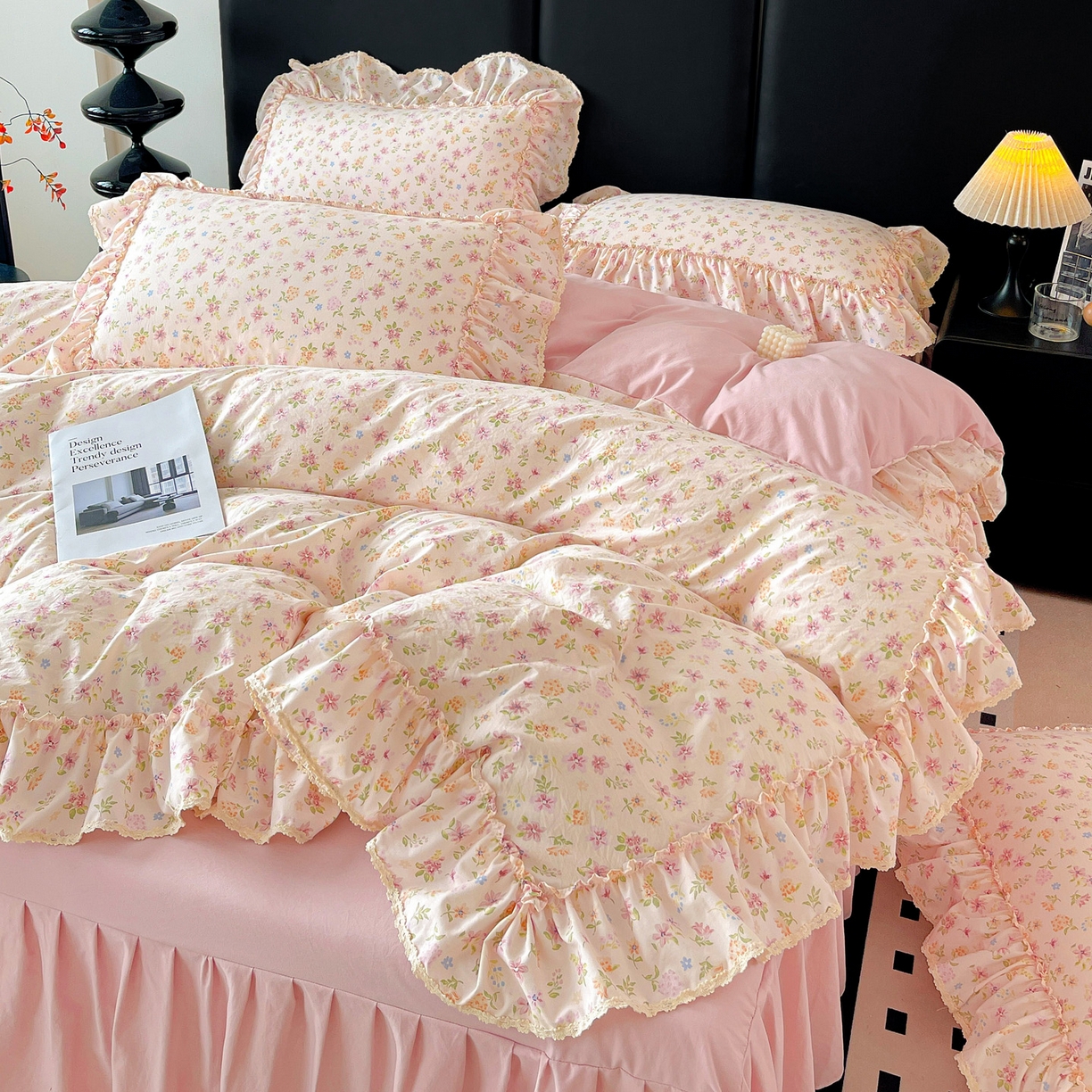 91家纺网 家纺一手货源 找家纺 富米莱单品馆 2026新款法式大花边A类古法仿棉云感纱单床裙 大花边-花意飘香