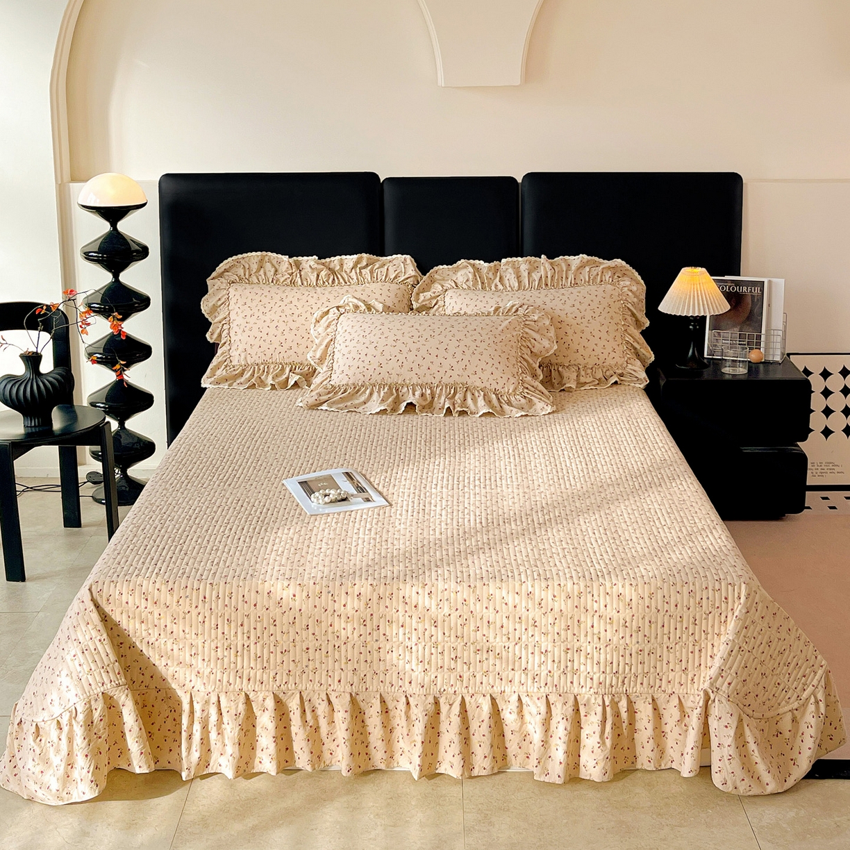 91家纺网 家纺一手货源 找家纺 富米莱单品馆 2026新款法式大花边A类古法仿棉云感纱单床裙 大花边-焦糖玫瑰