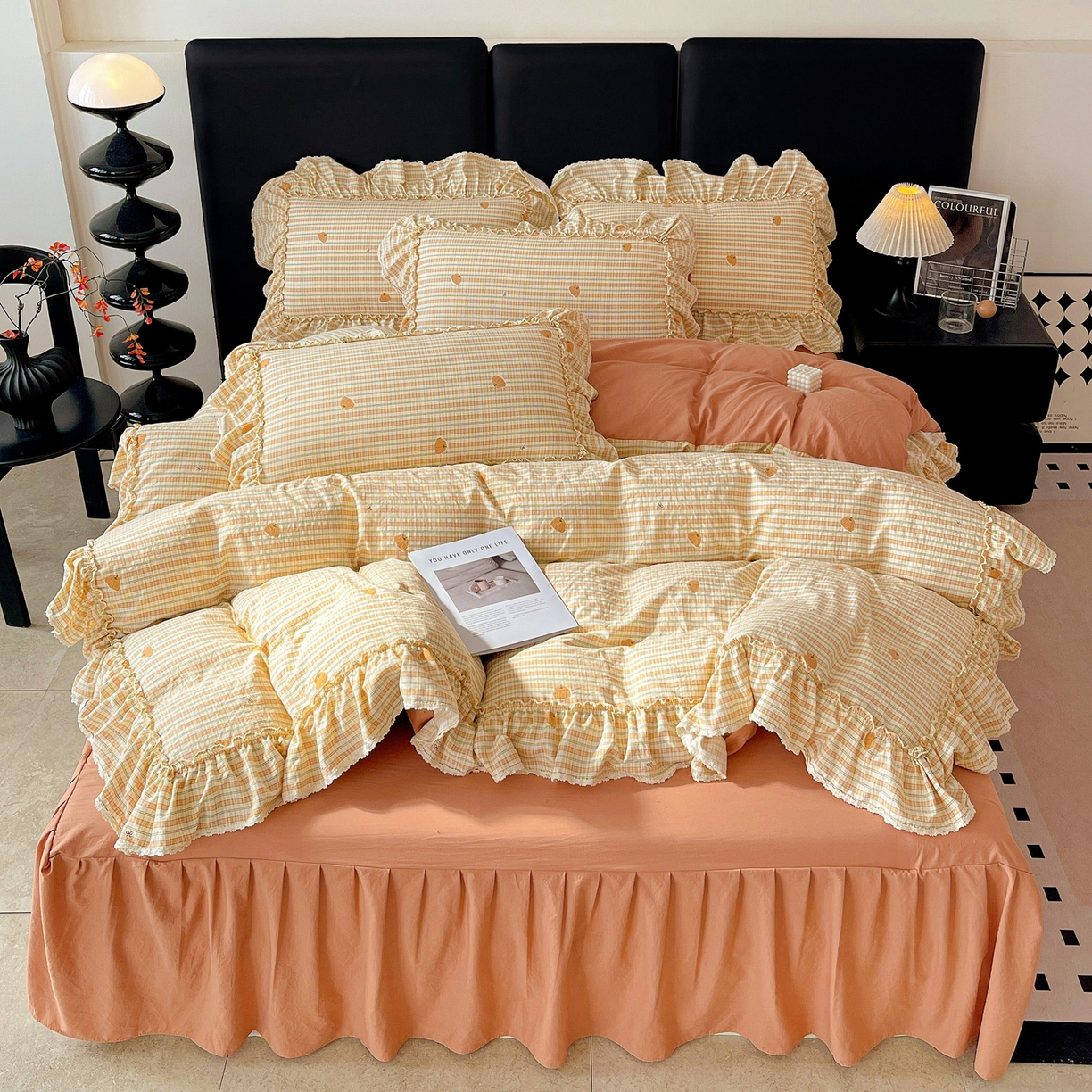 91家纺网 家纺一手货源 找家纺 富米莱单品馆 2026新款法式大花边A类古法仿棉云感纱单床裙 大花边-南瓜格韵