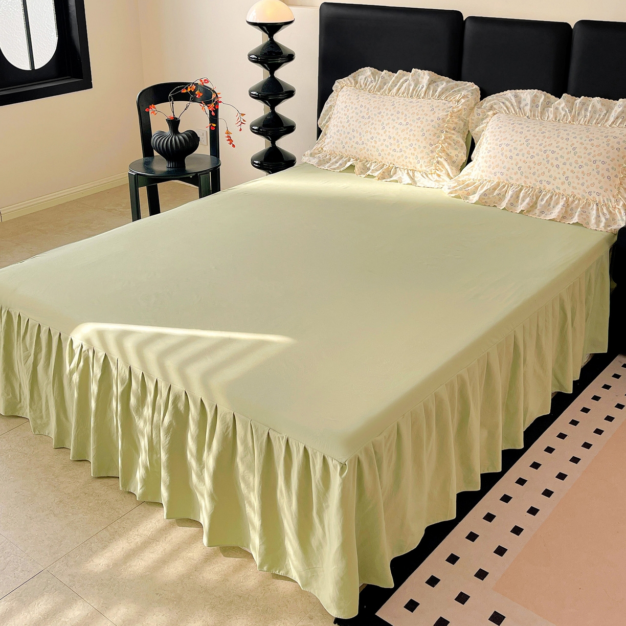 91家纺网 家纺一手货源 找家纺 富米莱单品馆 2026新款法式大花边A类古法仿棉云感纱单床裙 大花边-浅绿春韵,大花边-浅绿春韵