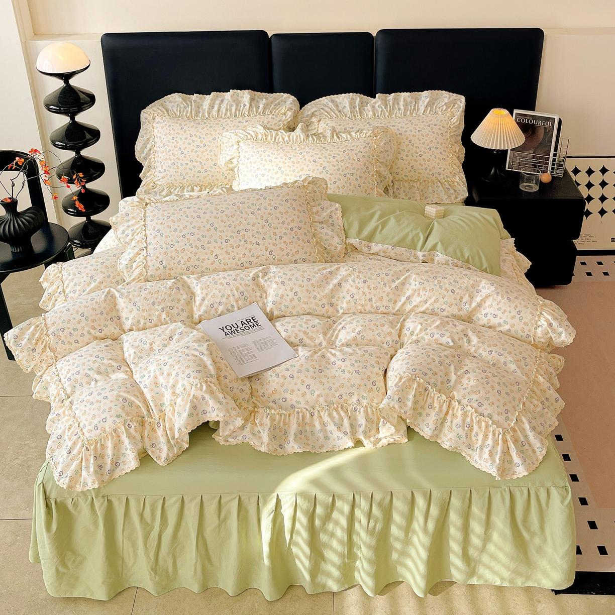 91家纺网 家纺一手货源 找家纺 富米莱单品馆 2026新款法式大花边A类古法仿棉云感纱单床裙 大花边-浅绿春韵