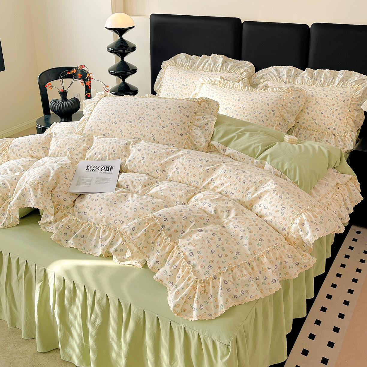 91家纺网 家纺一手货源 找家纺 富米莱单品馆 2026新款法式大花边A类古法仿棉云感纱单床裙 大花边-浅绿春韵