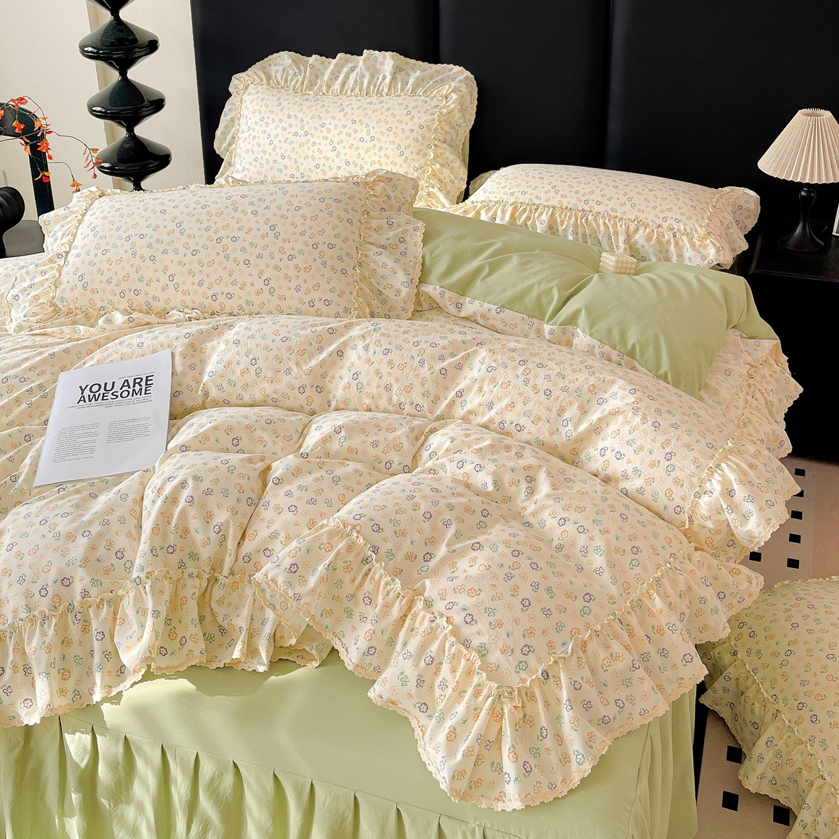 91家纺网 家纺一手货源 找家纺 富米莱单品馆 2026新款法式大花边A类古法仿棉云感纱单床裙 大花边-浅绿春韵