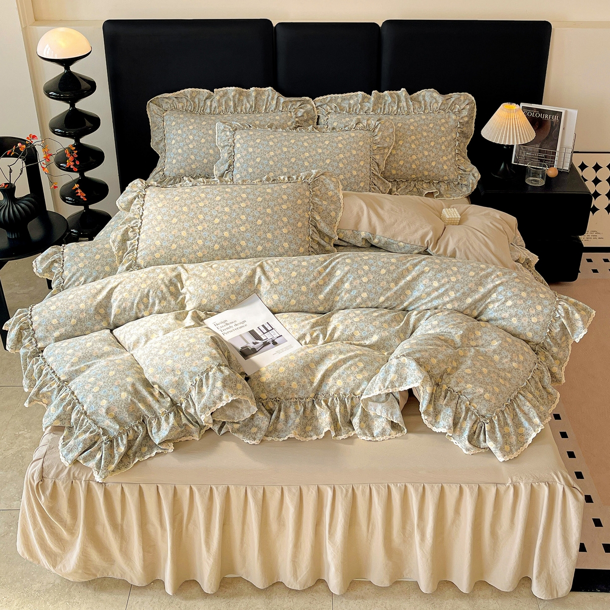 91家纺网 家纺一手货源 找家纺 富米莱单品馆 2026新款法式大花边A类古法仿棉云感纱单床裙 大花边-雾灰蔷薇