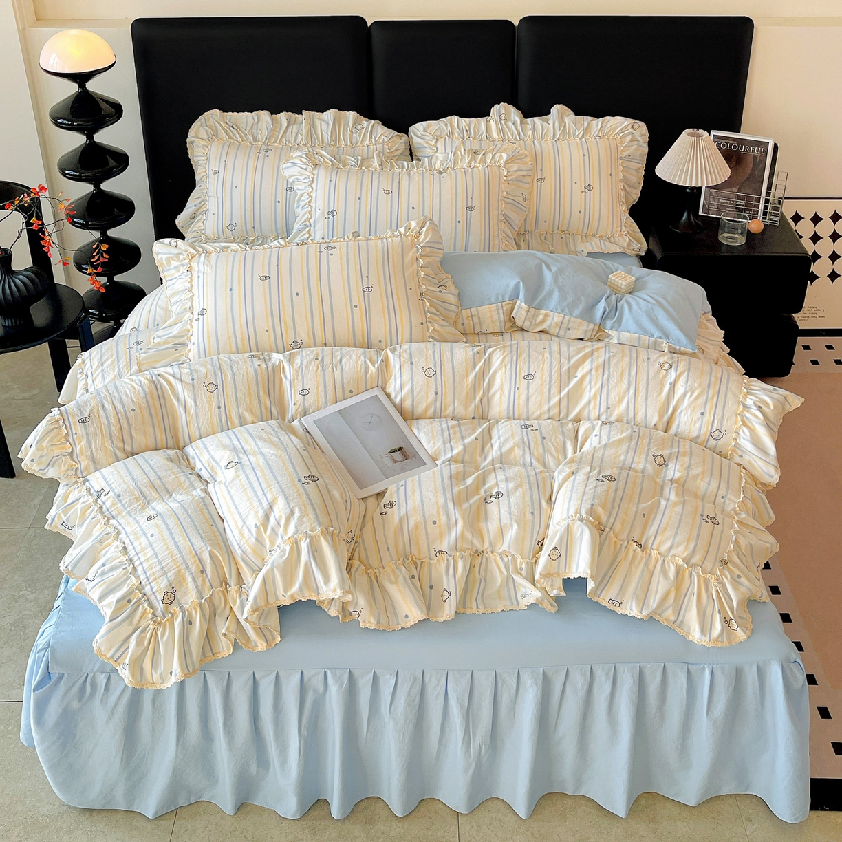 91家纺网 家纺一手货源 找家纺 富米莱单品馆 2026新款法式大花边A类古法仿棉云感纱单床裙 大花边-鱼多多