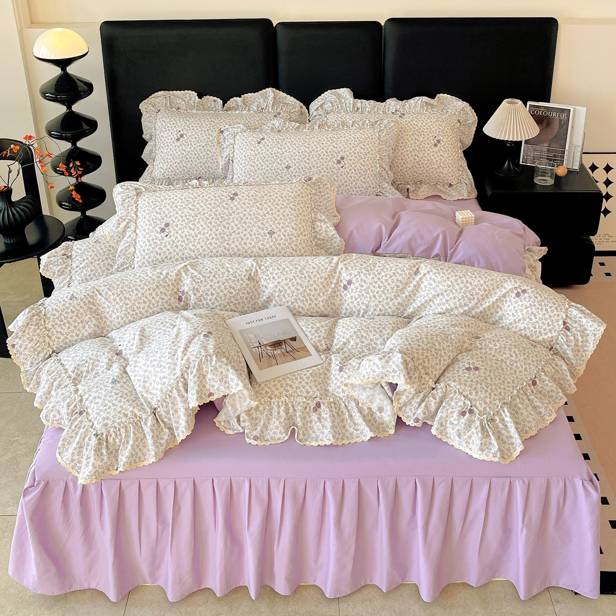 91家纺网 家纺一手货源 找家纺 富米莱单品馆 2026新款法式大花边A类古法仿棉云感纱单床裙 大花边-紫韵花漾