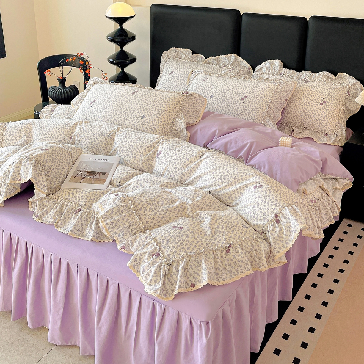 91家纺网 家纺一手货源 找家纺 富米莱单品馆 2026新款法式大花边A类古法仿棉云感纱单床裙 大花边-紫韵花漾