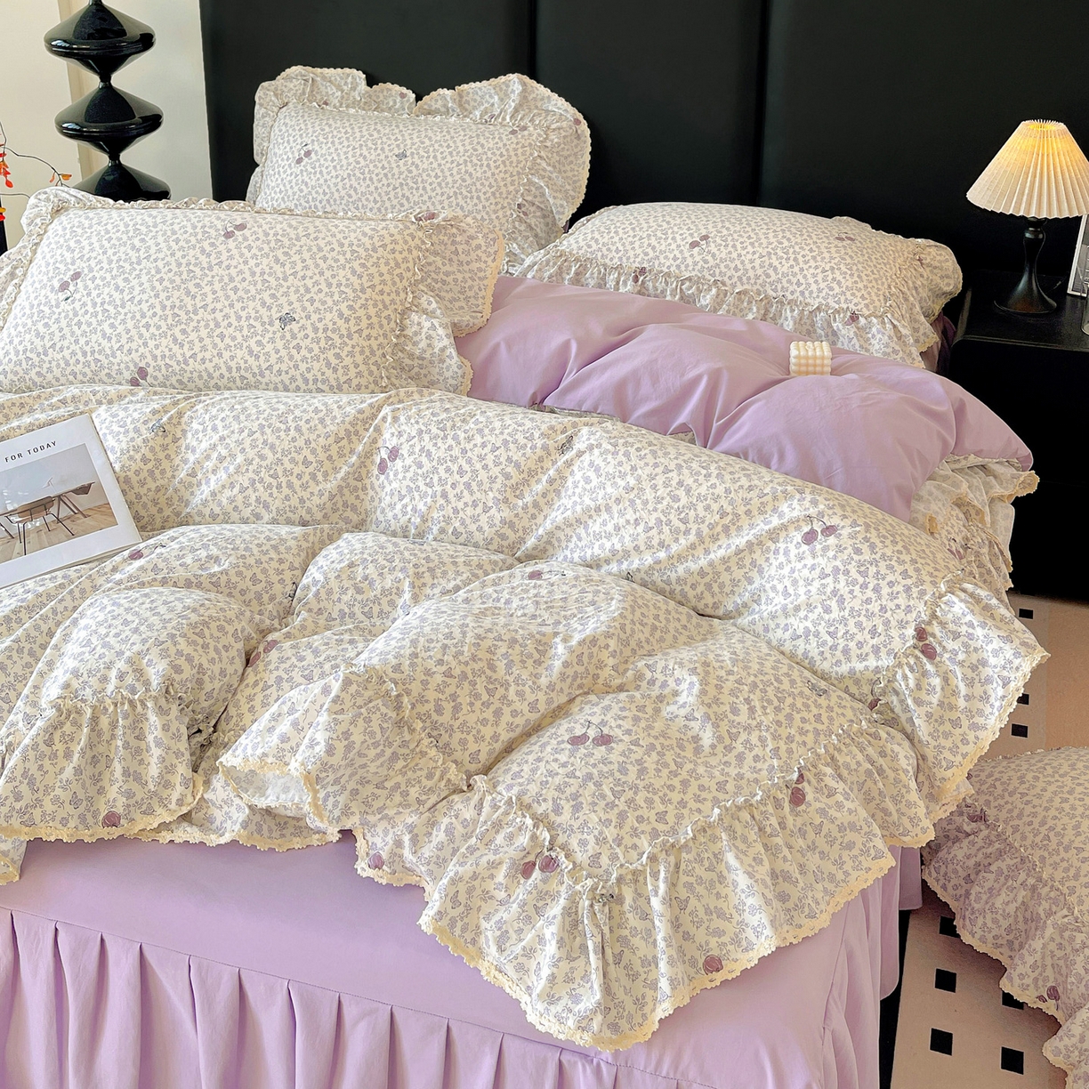 91家纺网 家纺一手货源 找家纺 富米莱单品馆 2026新款法式大花边A类古法仿棉云感纱单床裙 大花边-紫韵花漾