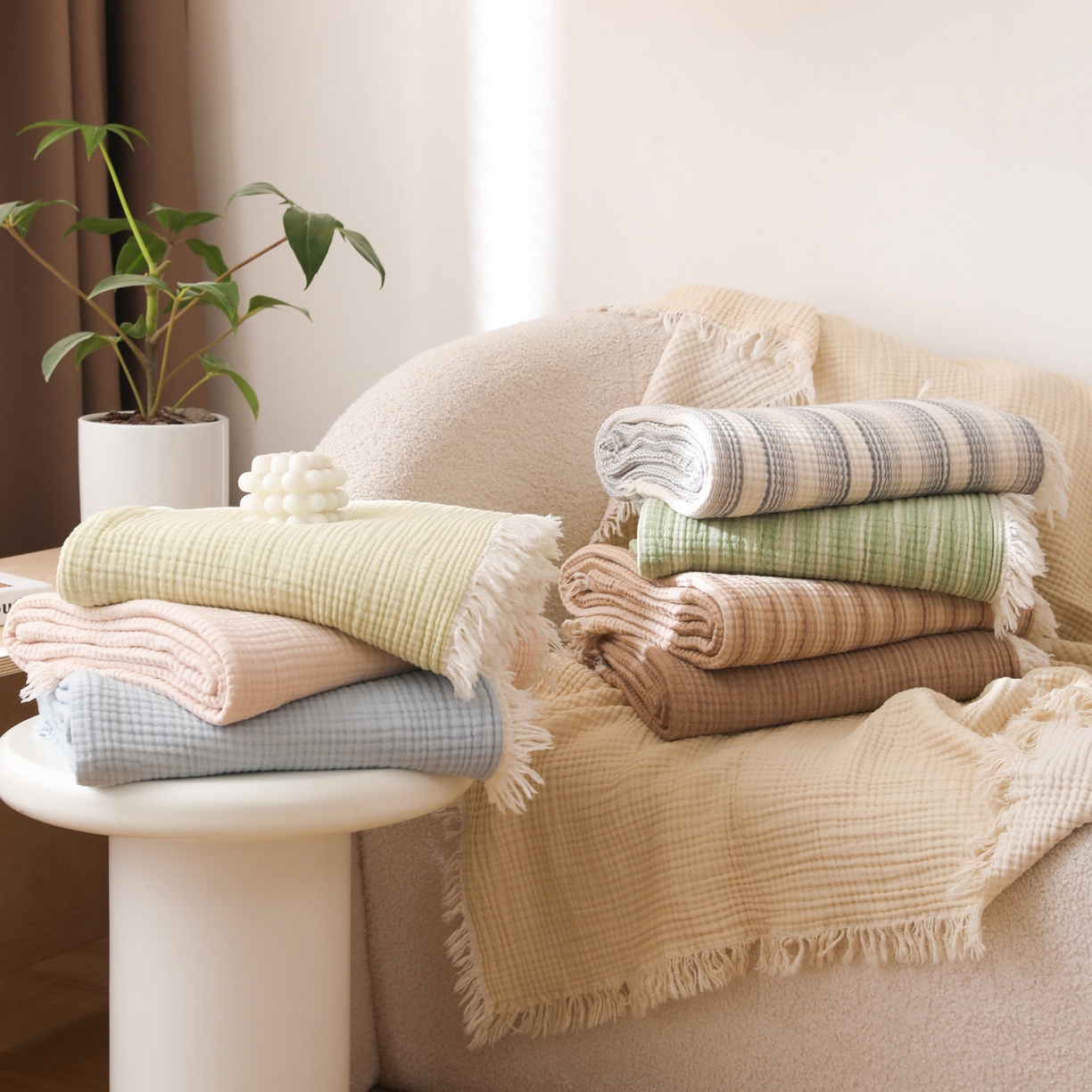 91家纺网 家纺一手货源 找家纺 【12.15周一秒杀 三人助力29.9带回家】100%棉四层纱流苏边毛毯子 