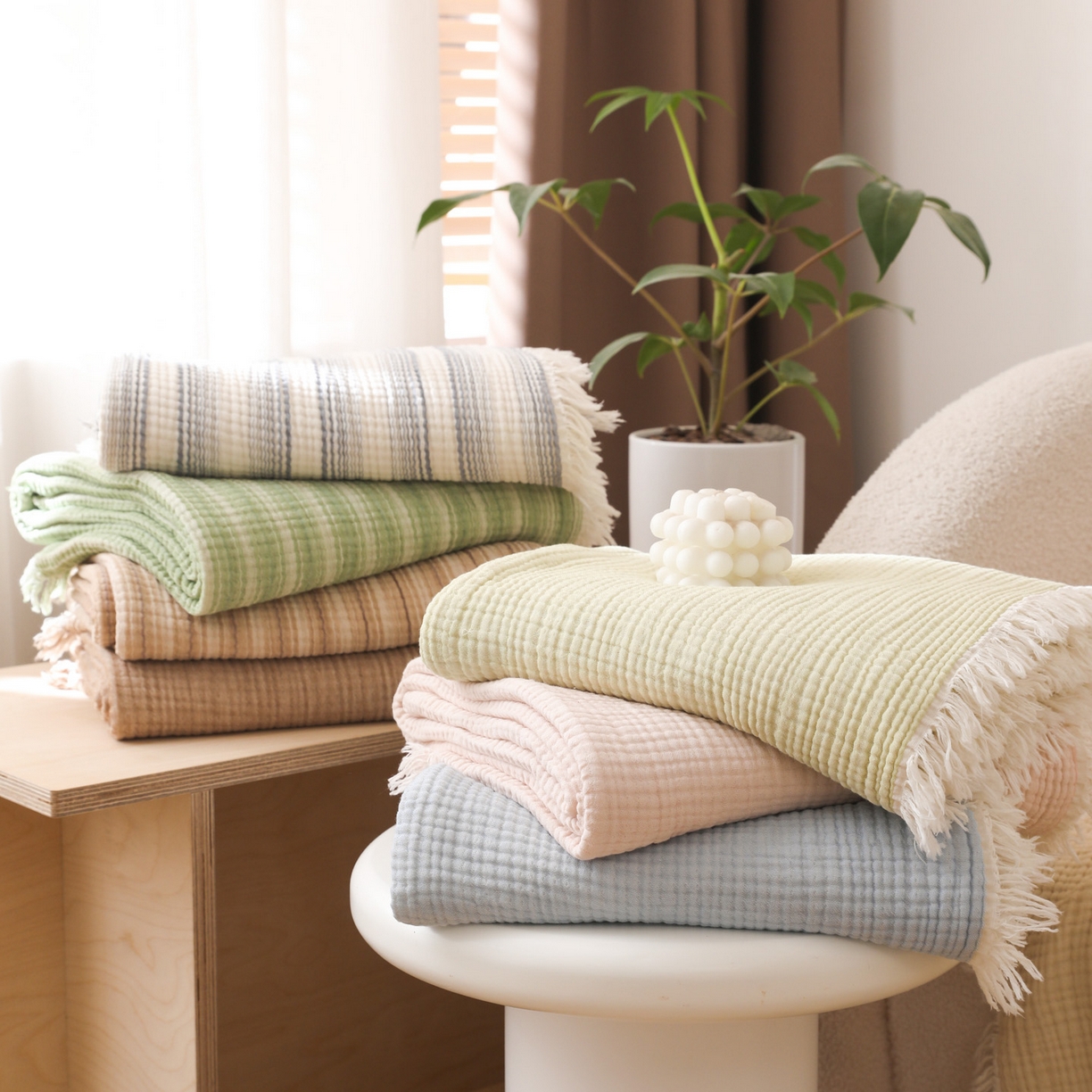 91家纺网 家纺一手货源 找家纺 【12.15周一秒杀 三人助力29.9带回家】100%棉四层纱流苏边毛毯子 