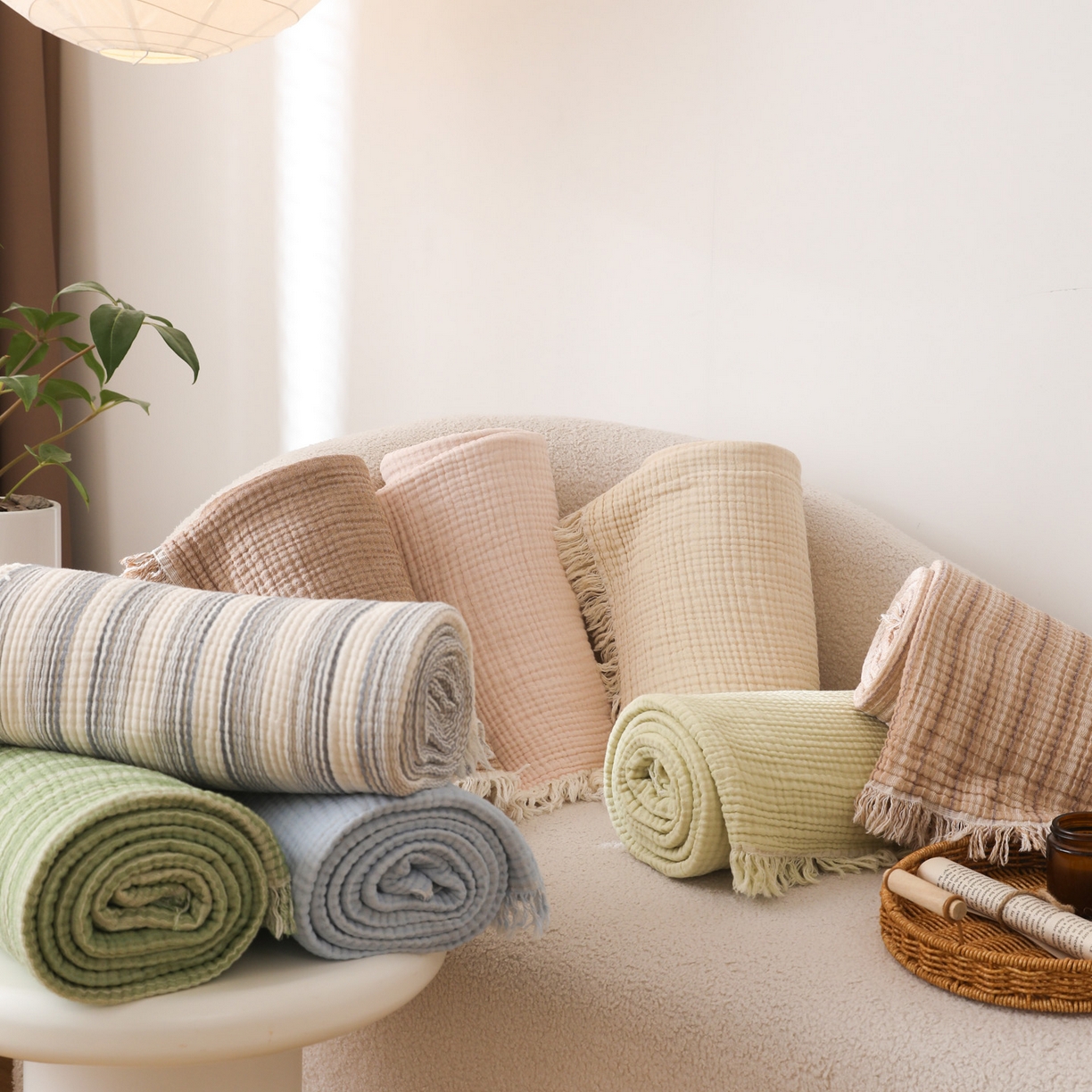 91家纺网 家纺一手货源 找家纺 【12.15周一秒杀 三人助力29.9带回家】100%棉四层纱流苏边毛毯子 