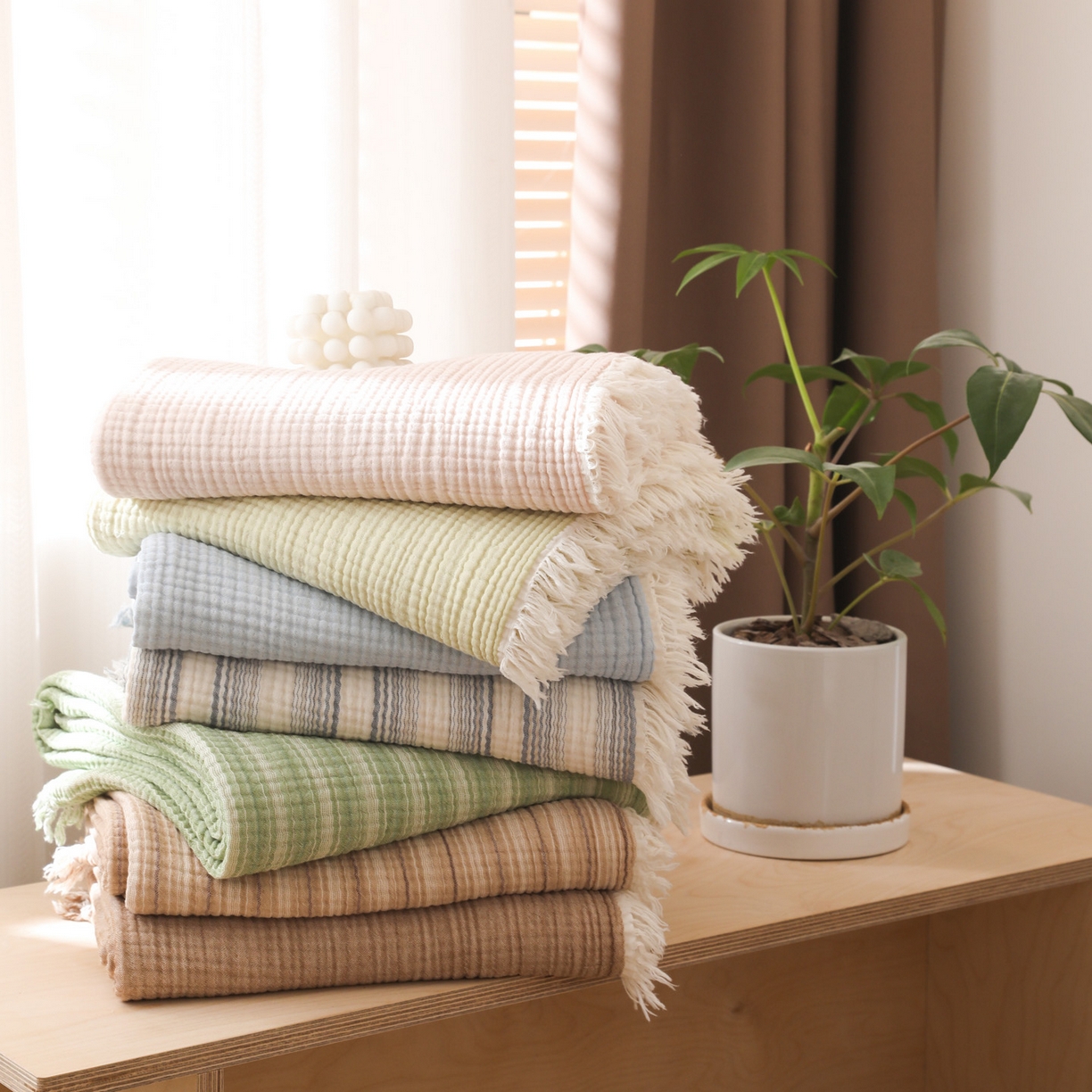 91家纺网 家纺一手货源 找家纺 【12.15周一秒杀 三人助力29.9带回家】100%棉四层纱流苏边毛毯子 