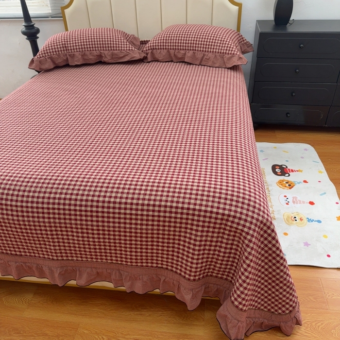 91家纺网 家纺一手货源 找家纺 暖居 2026年新款全棉色织水洗棉高温砂洗床盖三件套四件套 复古红