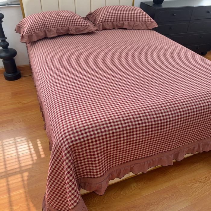 91家纺网 家纺一手货源 找家纺 暖居 2026年新款全棉色织水洗棉高温砂洗床盖三件套四件套 复古红