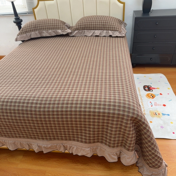 91家纺网 家纺一手货源 找家纺 暖居 2026年新款全棉色织水洗棉高温砂洗床盖三件套四件套 纽约格红