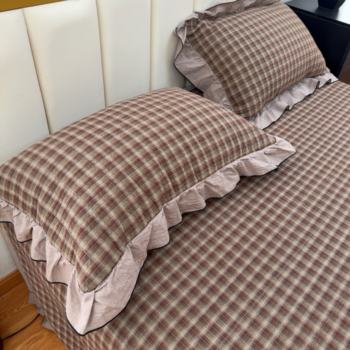 91家纺网 家纺一手货源 找家纺 暖居 2026年新款全棉色织水洗棉高温砂洗床盖三件套四件套 纽约格红