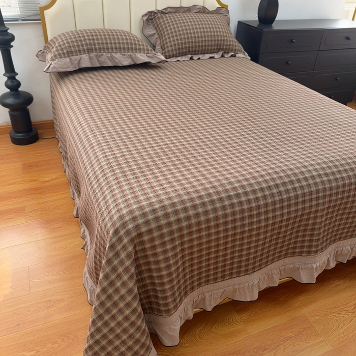 91家纺网 家纺一手货源 找家纺 暖居 2026年新款全棉色织水洗棉高温砂洗床盖三件套四件套 纽约格红