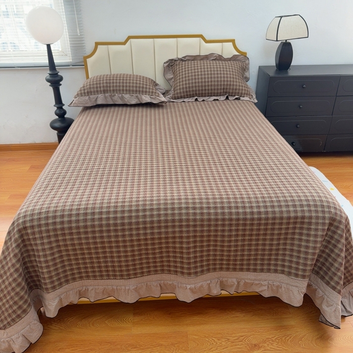 暖居 2026年新款全棉色织水洗棉高温砂洗床盖三件套四件套 纽约格红