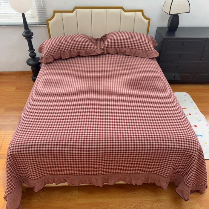 暖居 2026年新款全棉色织水洗棉高温砂洗床盖三件套四件套 复古红