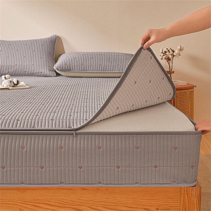 91家纺网 家纺一手货源 找家纺 伊人坊 2025新款A类水洗棉六面全包棉花夹棉床笠 爱心灰