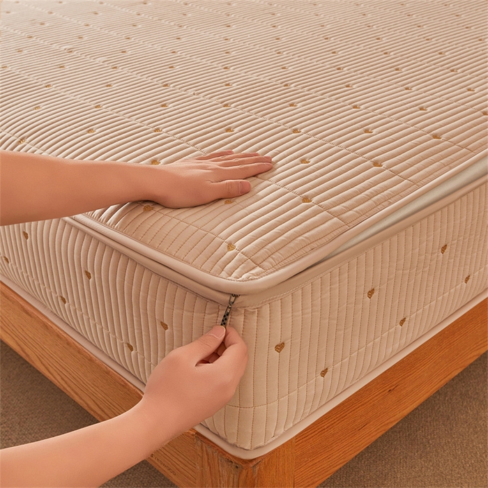 91家纺网 家纺一手货源 找家纺 伊人坊 2025新款A类水洗棉六面全包棉花夹棉床笠 爱心咖色