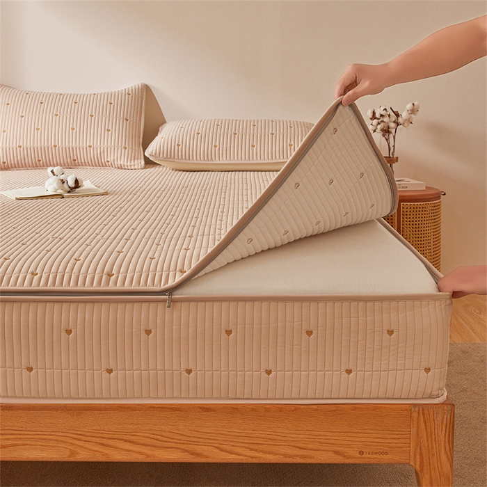 91家纺网 家纺一手货源 找家纺 伊人坊 2025新款A类水洗棉六面全包棉花夹棉床笠 爱心咖色