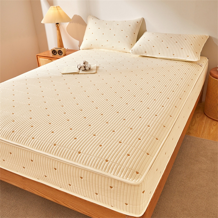 91家纺网 家纺一手货源 找家纺 伊人坊 2025新款A类水洗棉六面全包棉花夹棉床笠 爱心米白