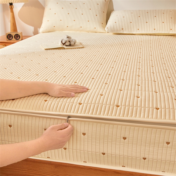 伊人坊 2025新款A类水洗棉六面全包棉花夹棉床笠 爱心米白