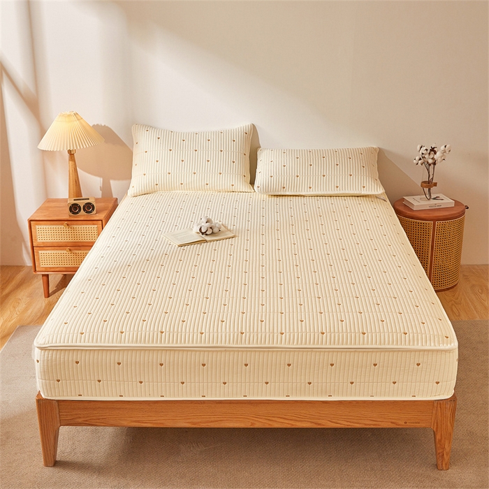 91家纺网 家纺一手货源 找家纺 伊人坊 2025新款A类水洗棉六面全包棉花夹棉床笠 爱心米白