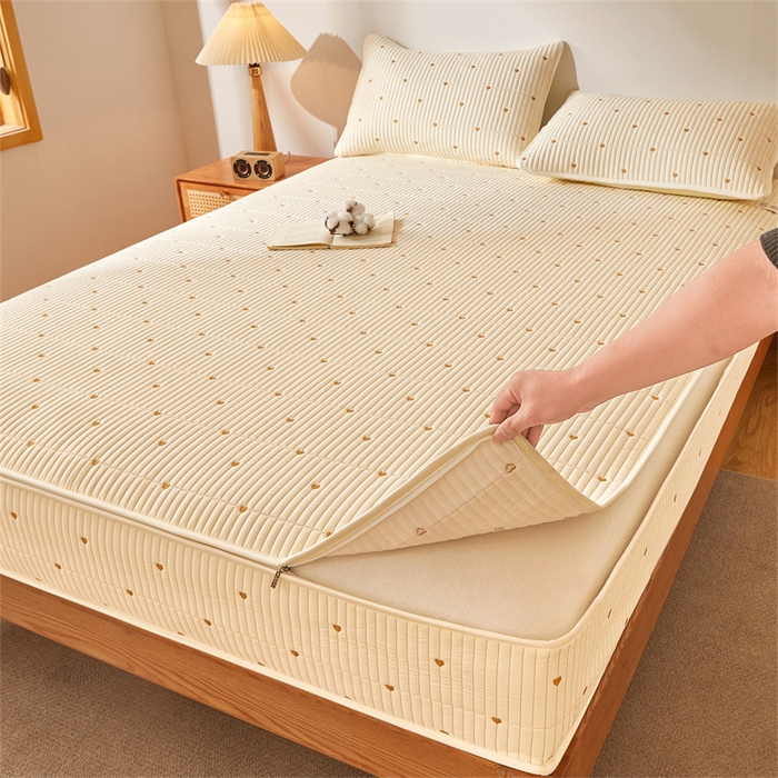 91家纺网 家纺一手货源 找家纺 伊人坊 2025新款A类水洗棉六面全包棉花夹棉床笠 爱心米白