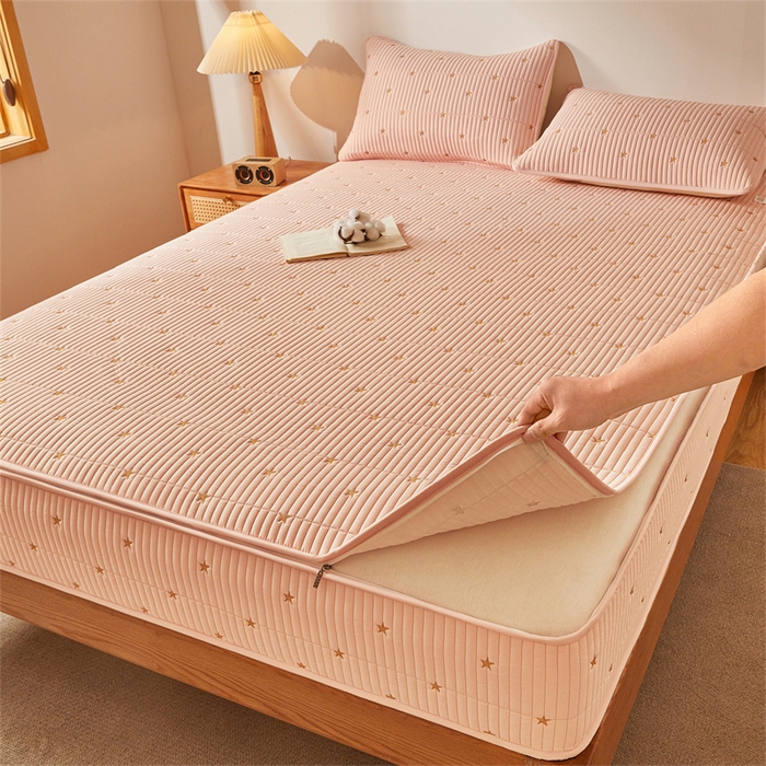 91家纺网 家纺一手货源 找家纺 伊人坊 2025新款A类水洗棉六面全包棉花夹棉床笠 五星粉